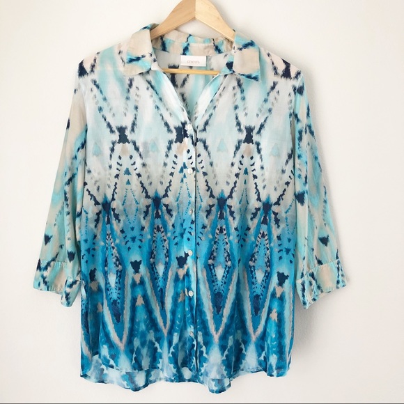 Chico’s Ombré Blue Patterned Top Sz Large. - Picture 2 of 10